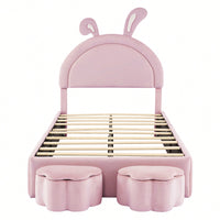 Charming Twin Size Velvet Rabbit-Shaped Bed With Plush Cartoon Ears And 2 Stylish Storage Stools In Pink