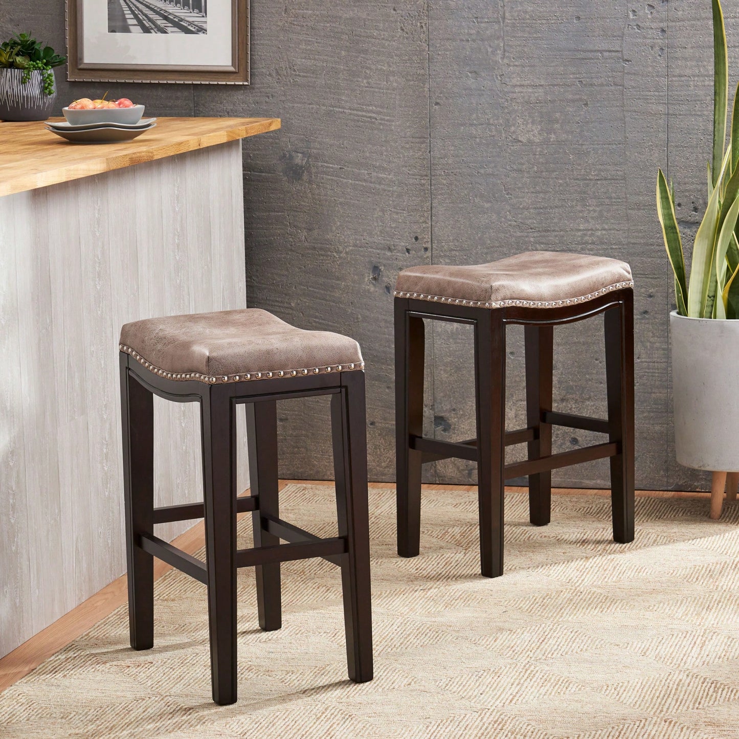 Elegant Set Of 2 Studded Counter Stools For Stylish Dining Spaces