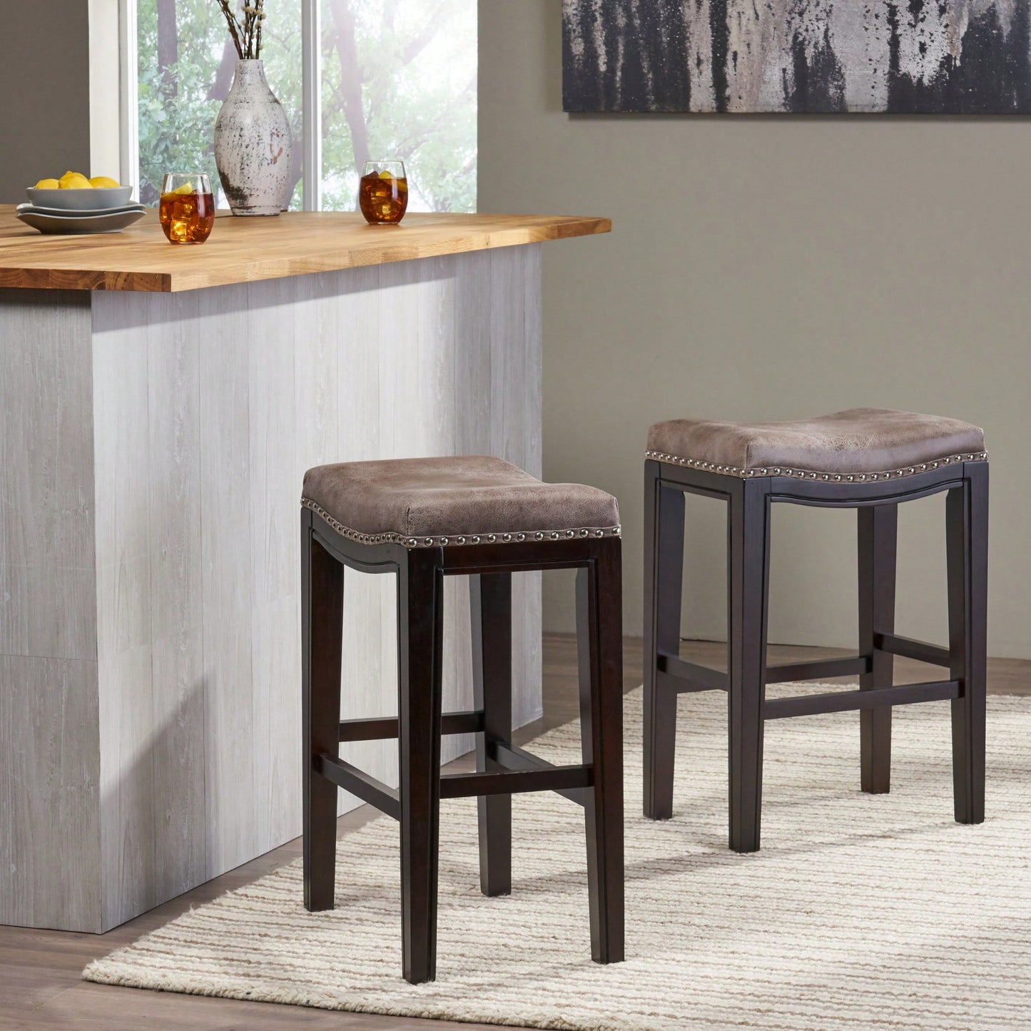 Elegant Set Of 2 Studded Counter Stools For Stylish Dining Spaces