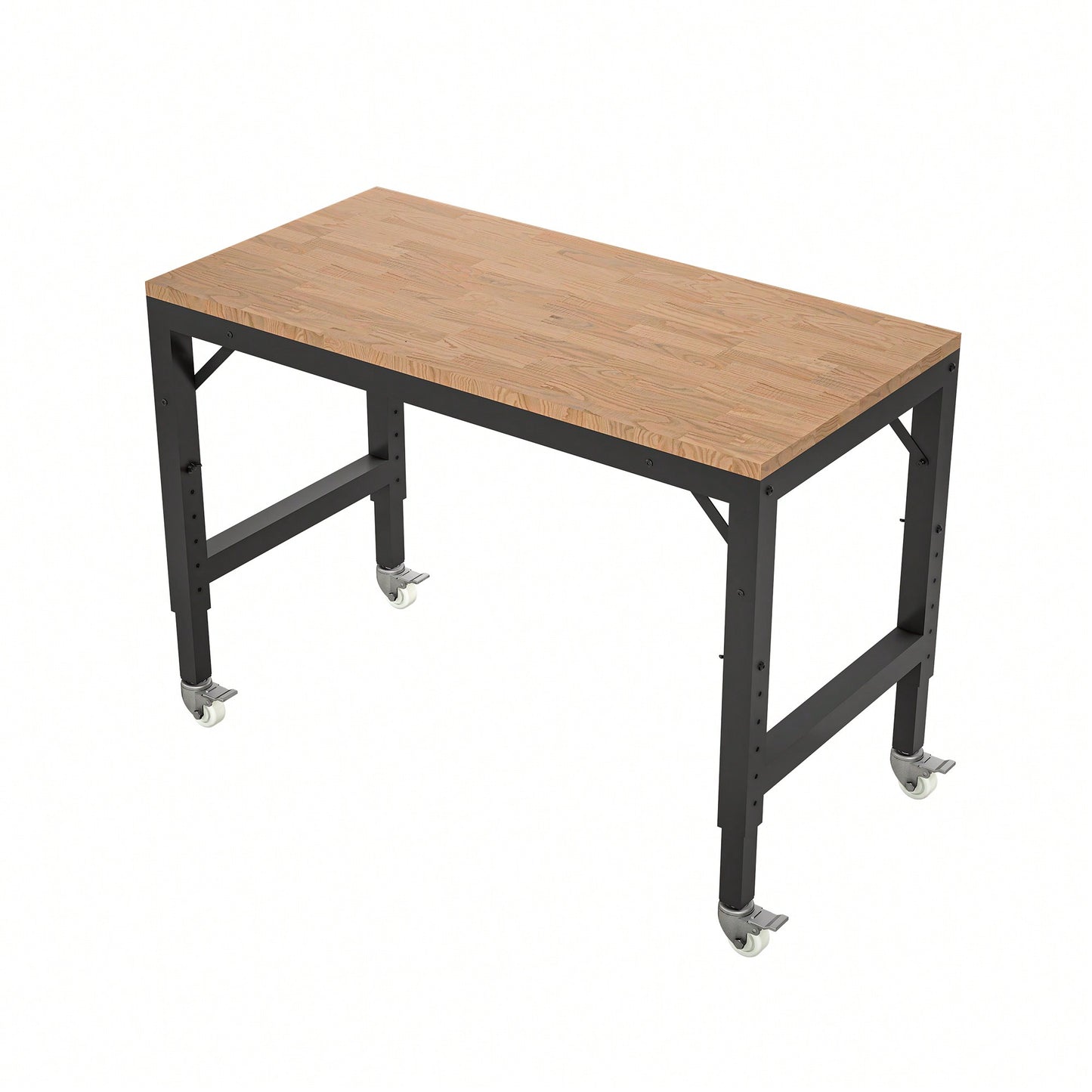 48" Adjustable Heavy-Duty Garage Workbench With Metal Wheels - Sturdy Rubber Wood Shop Table For Over 2000 Lbs Weight Capacity