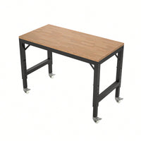 48" Adjustable Heavy-Duty Garage Workbench With Metal Wheels - Sturdy Rubber Wood Shop Table For Over 2000 Lbs Weight Capacity