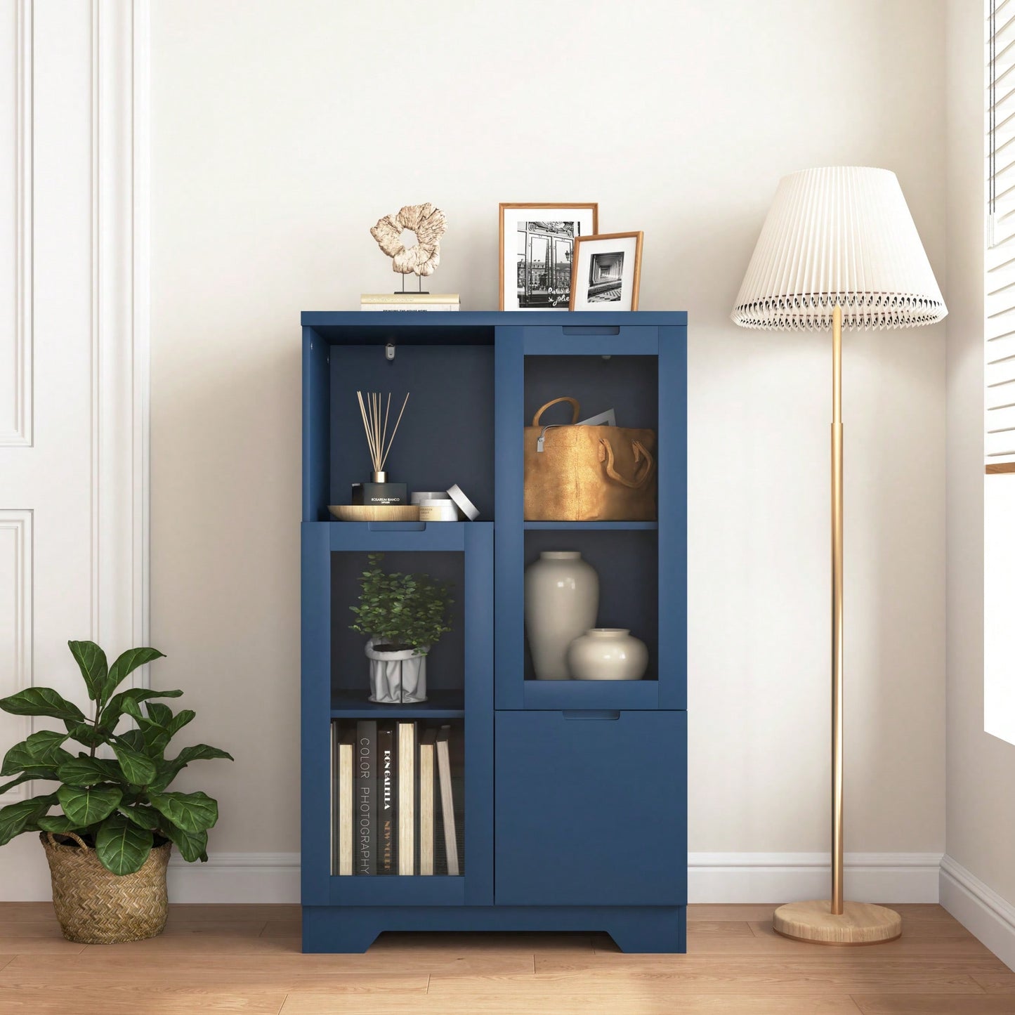 Elegant Wooden Floor Cabinet With Dual Glass Doors And Ample Storage Space – Perfect For Living Room, Bathroom, Or Entryway, Blue Finish