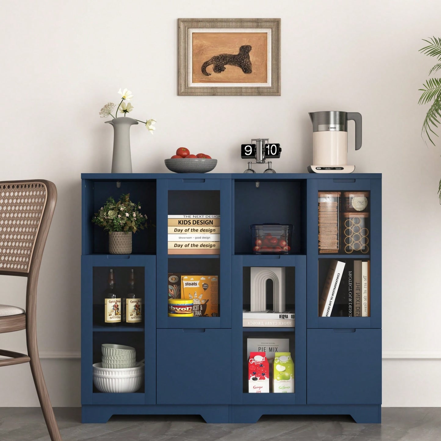 Elegant Wooden Floor Cabinet With Dual Glass Doors And Ample Storage Space – Perfect For Living Room, Bathroom, Or Entryway, Blue Finish