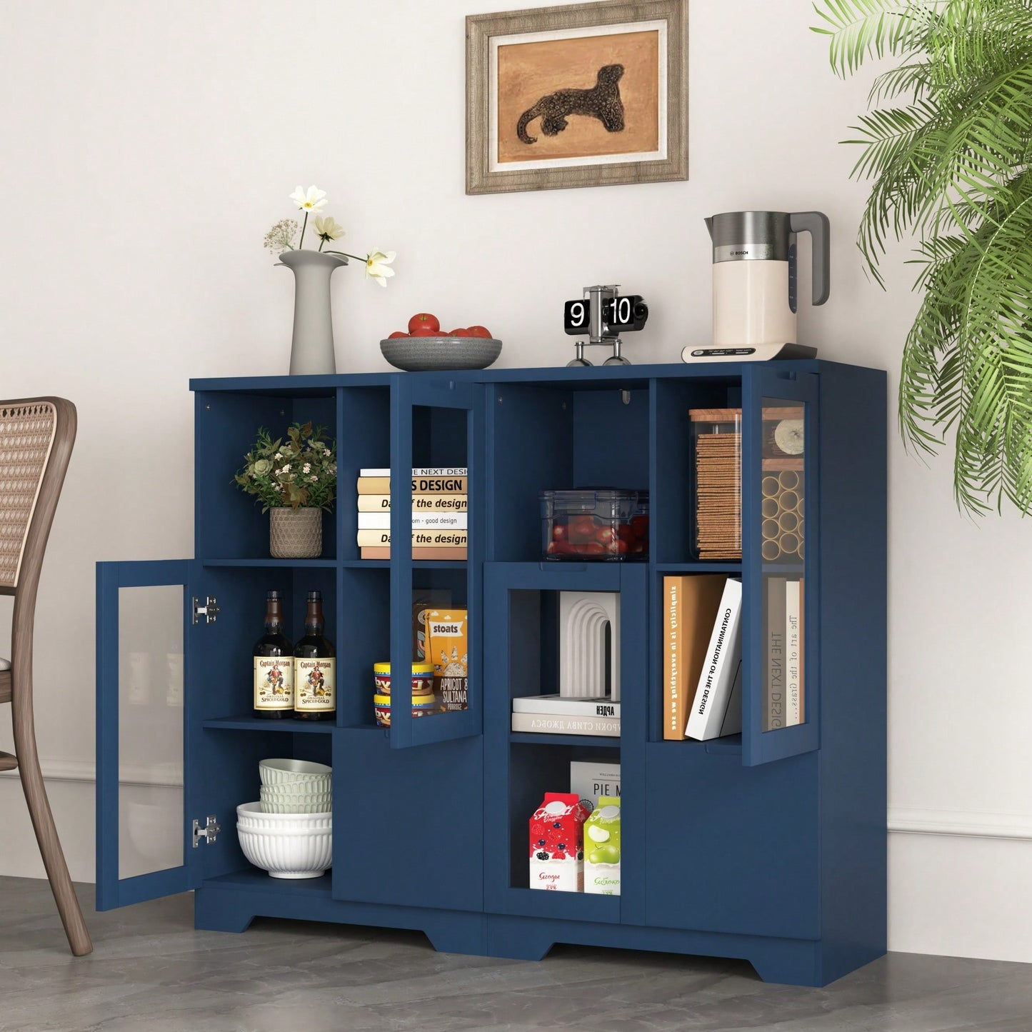 Elegant Wooden Floor Cabinet With Dual Glass Doors And Ample Storage Space – Perfect For Living Room, Bathroom, Or Entryway, Blue Finish