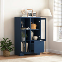 Elegant Wooden Floor Cabinet With Dual Glass Doors And Ample Storage Space – Perfect For Living Room, Bathroom, Or Entryway, Blue Finish