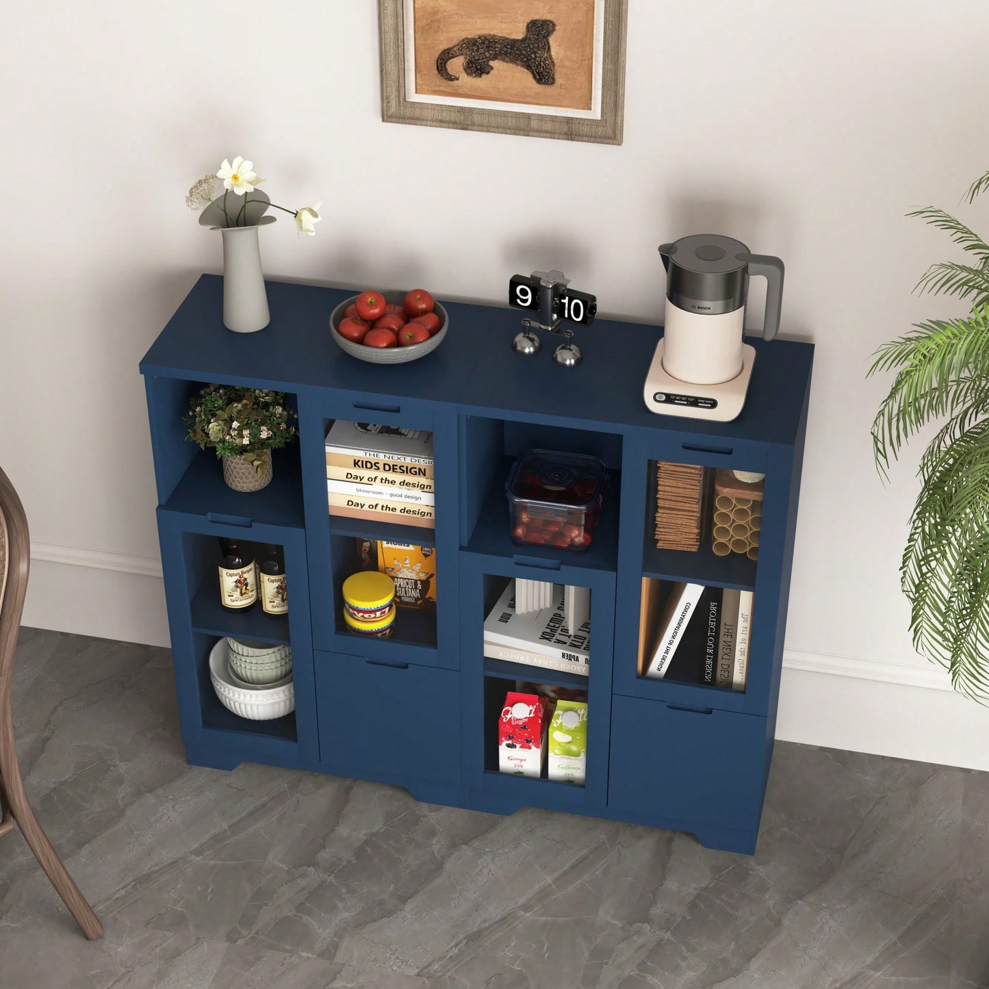 Elegant Wooden Floor Cabinet With Dual Glass Doors And Ample Storage Space – Perfect For Living Room, Bathroom, Or Entryway, Blue Finish