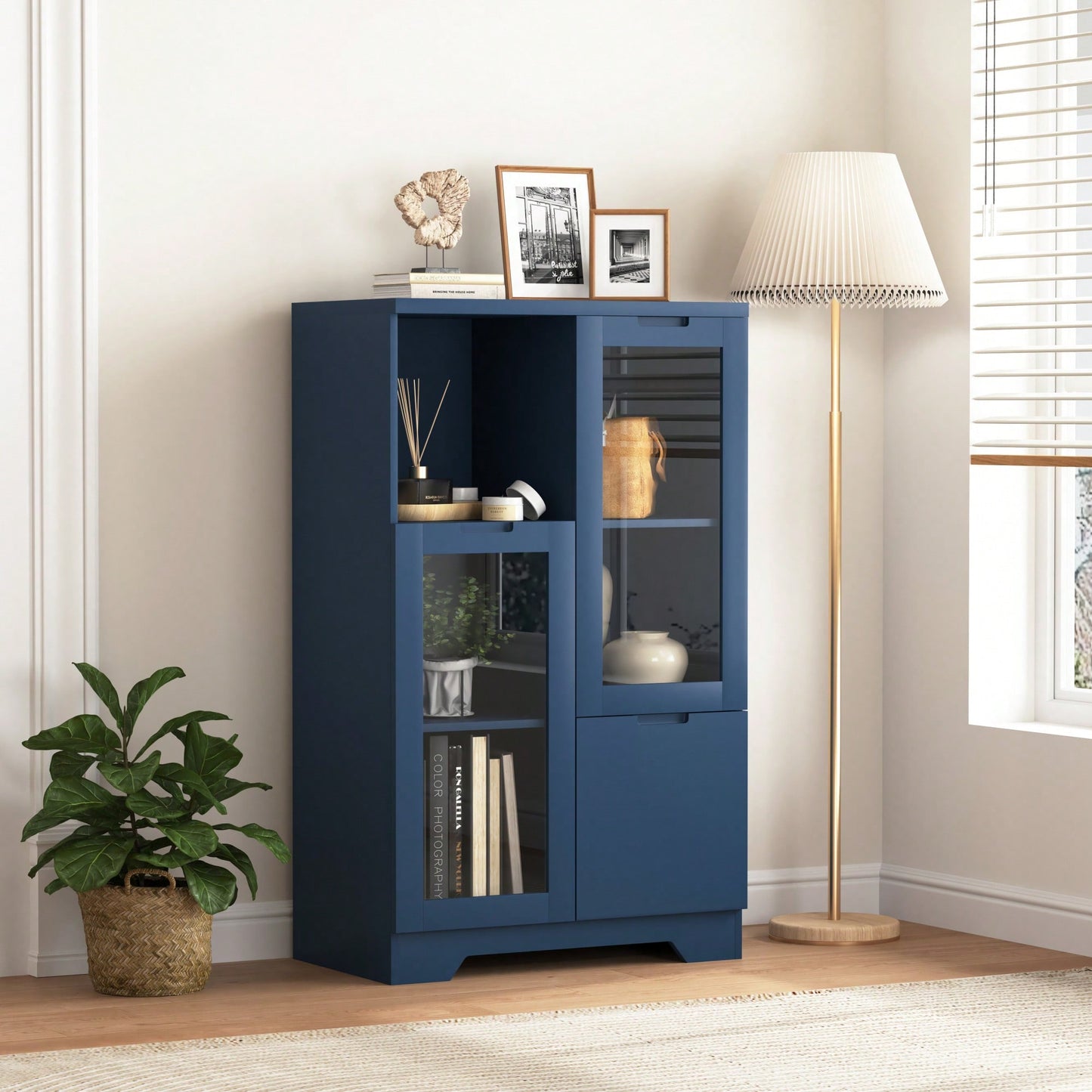 Elegant Wooden Floor Cabinet With Dual Glass Doors And Ample Storage Space – Perfect For Living Room, Bathroom, Or Entryway, Blue Finish