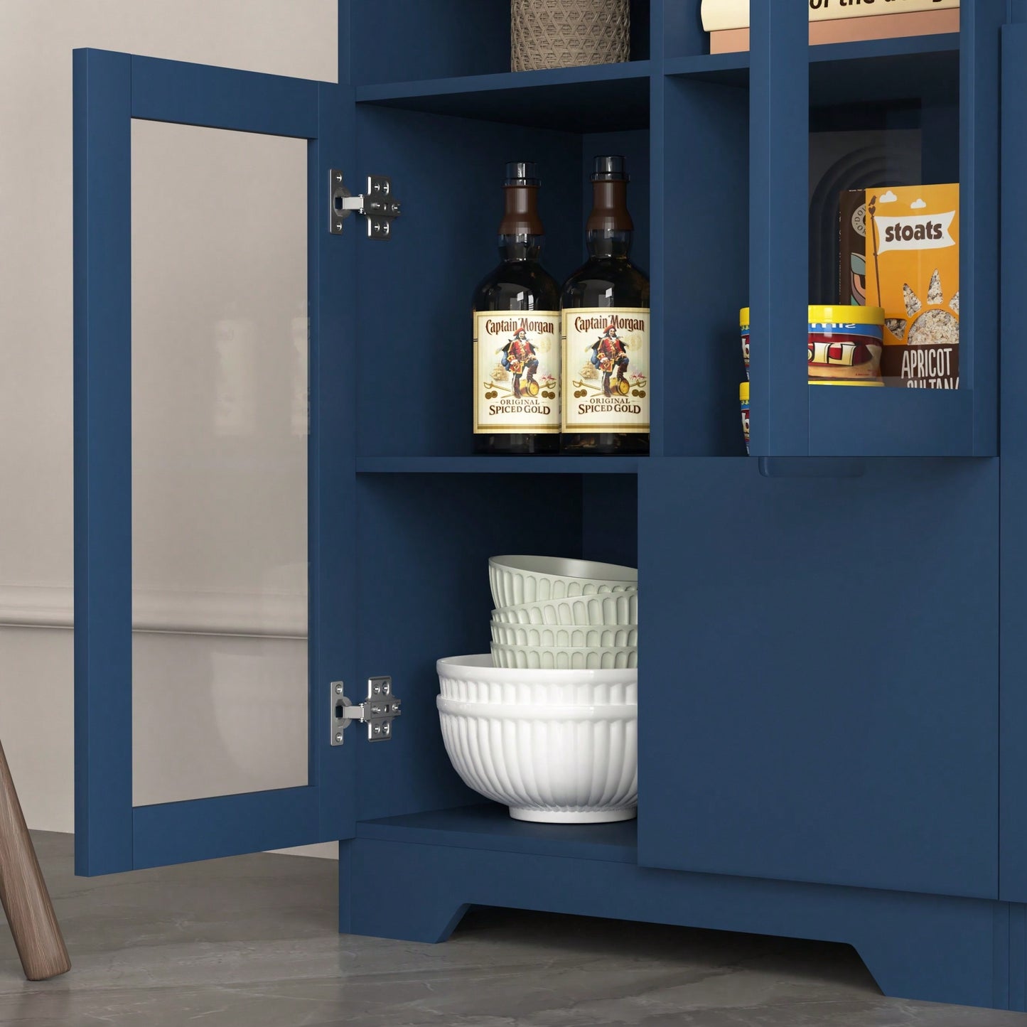 Elegant Wooden Floor Cabinet With Dual Glass Doors And Ample Storage Space – Perfect For Living Room, Bathroom, Or Entryway, Blue Finish