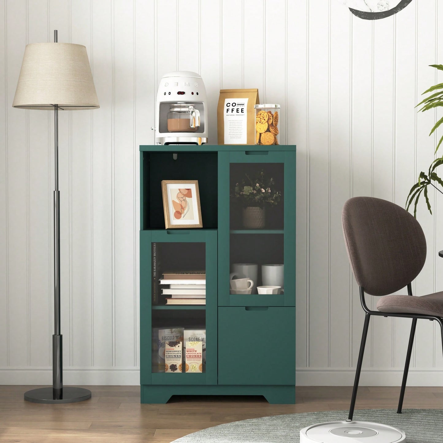 Elegant Wooden Floor Cabinet With Dual Glass Doors And Ample Storage Space – Perfect For Living Room, Bathroom, Or Entryway, Blue Finish