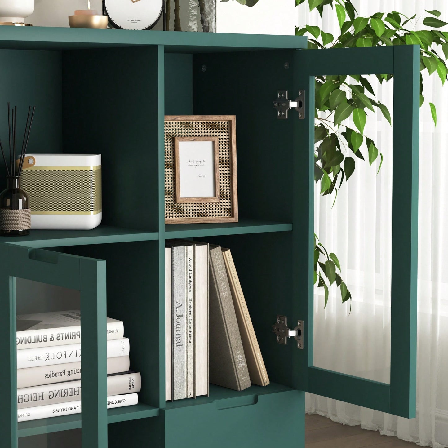 Elegant Wooden Floor Cabinet With Dual Glass Doors And Ample Storage Space – Perfect For Living Room, Bathroom, Or Entryway, Blue Finish