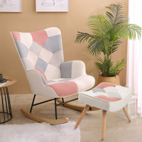 Stylish Mid Century Fabric Rocking Chair With Ottoman, Wood Legs, And Patchwork Linen For Living Room Or Bedroom Decor