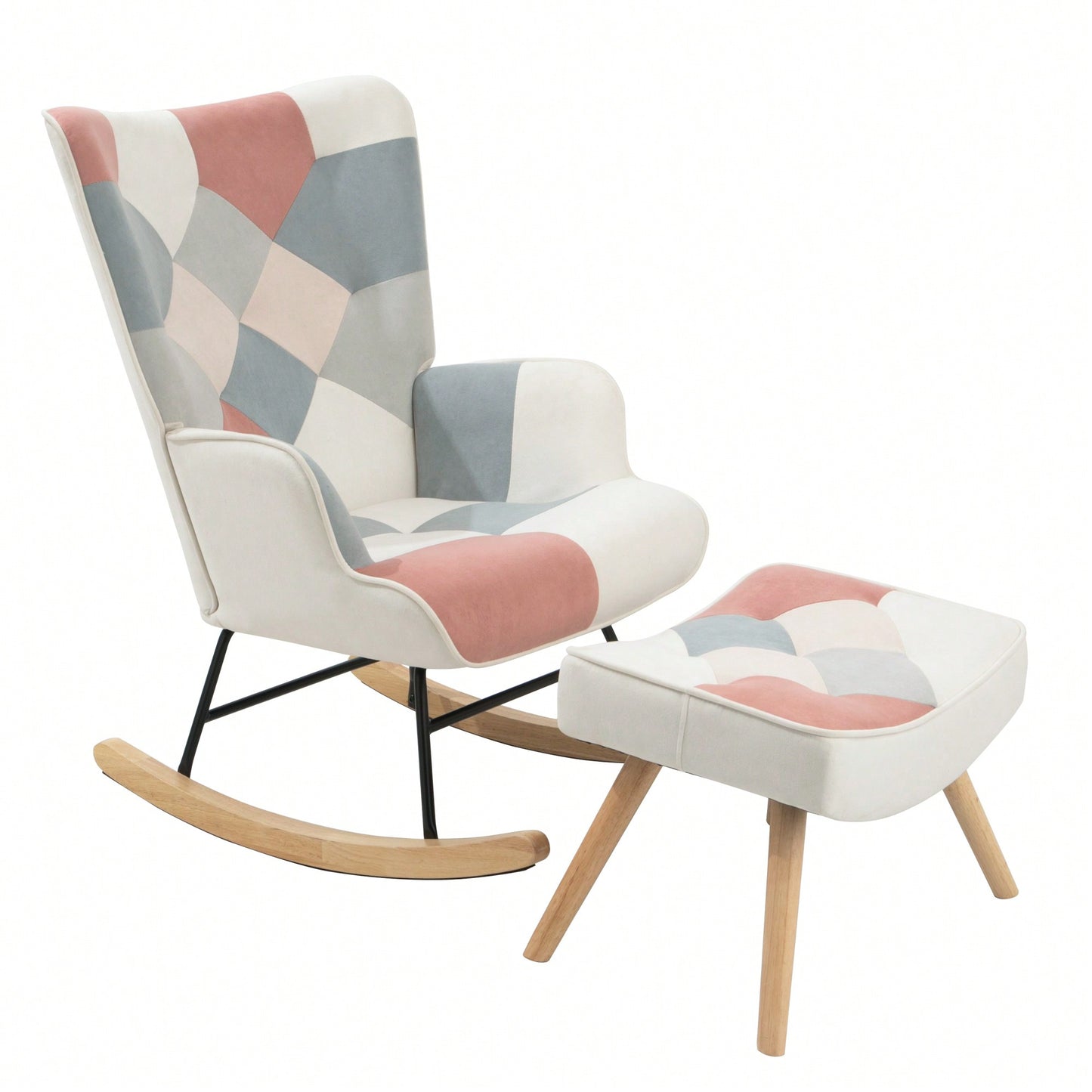 Stylish Mid Century Fabric Rocking Chair With Ottoman, Wood Legs, And Patchwork Linen For Living Room Or Bedroom Decor