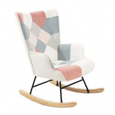 Stylish Mid Century Fabric Rocking Chair With Ottoman, Wood Legs, And Patchwork Linen For Living Room Or Bedroom Decor