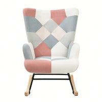 Stylish Mid Century Fabric Rocking Chair With Ottoman, Wood Legs, And Patchwork Linen For Living Room Or Bedroom Decor