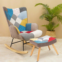 Stylish Mid Century Fabric Rocking Chair With Ottoman, Wood Legs, And Patchwork Linen For Living Room Or Bedroom Decor