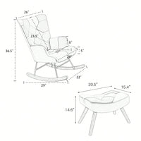 Stylish Mid Century Fabric Rocking Chair With Ottoman, Wood Legs, And Patchwork Linen For Living Room Or Bedroom Decor