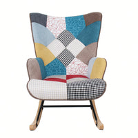 Stylish Mid Century Fabric Rocking Chair With Ottoman, Wood Legs, And Patchwork Linen For Living Room Or Bedroom Decor