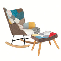 Stylish Mid Century Fabric Rocking Chair With Ottoman, Wood Legs, And Patchwork Linen For Living Room Or Bedroom Decor