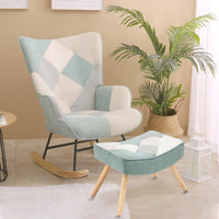 Stylish Mid Century Fabric Rocking Chair With Ottoman, Wood Legs, And Patchwork Linen For Living Room Or Bedroom Decor