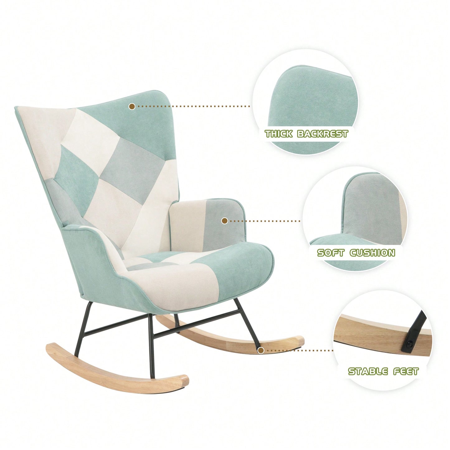 Stylish Mid Century Fabric Rocking Chair With Ottoman, Wood Legs, And Patchwork Linen For Living Room Or Bedroom Decor