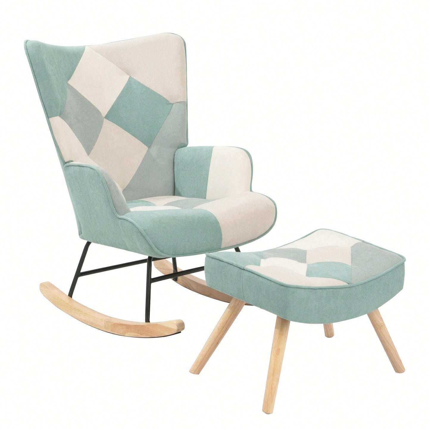 Stylish Mid Century Fabric Rocking Chair With Ottoman, Wood Legs, And Patchwork Linen For Living Room Or Bedroom Decor