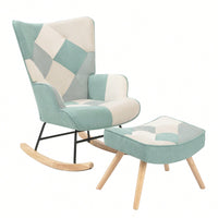 Stylish Mid Century Fabric Rocking Chair With Ottoman, Wood Legs, And Patchwork Linen For Living Room Or Bedroom Decor