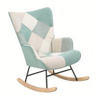 Stylish Mid Century Fabric Rocking Chair With Ottoman, Wood Legs, And Patchwork Linen For Living Room Or Bedroom Decor