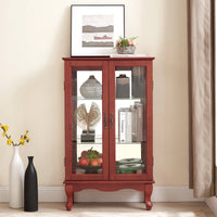 Elegant 2-Door Curio Cabinet With Tempered Glass And Mirrored Back, Adjustable Shelves, Lighted Display For Home Or Office - Cherry Finish