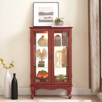 Elegant 2-Door Curio Cabinet With Tempered Glass And Mirrored Back, Adjustable Shelves, Lighted Display For Home Or Office - Cherry Finish