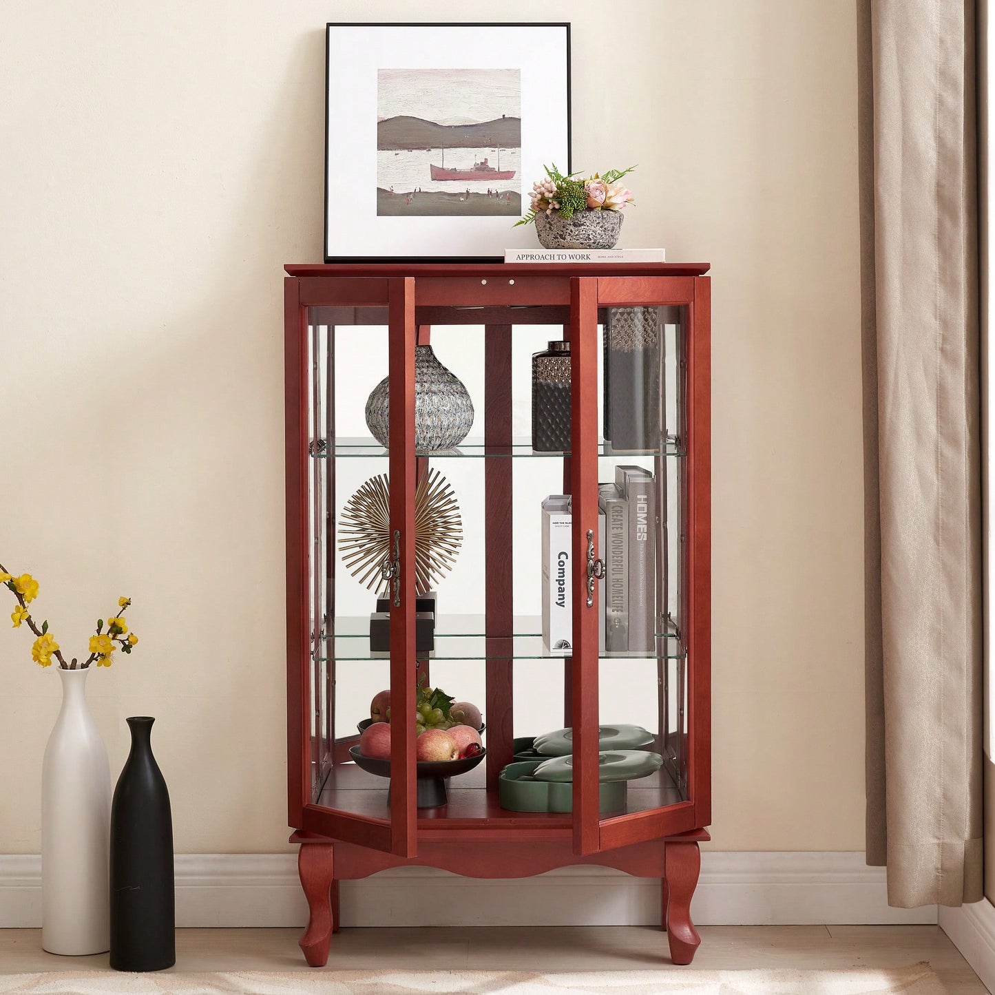 Elegant 2-Door Curio Cabinet With Tempered Glass And Mirrored Back, Adjustable Shelves, Lighted Display For Home Or Office - Cherry Finish