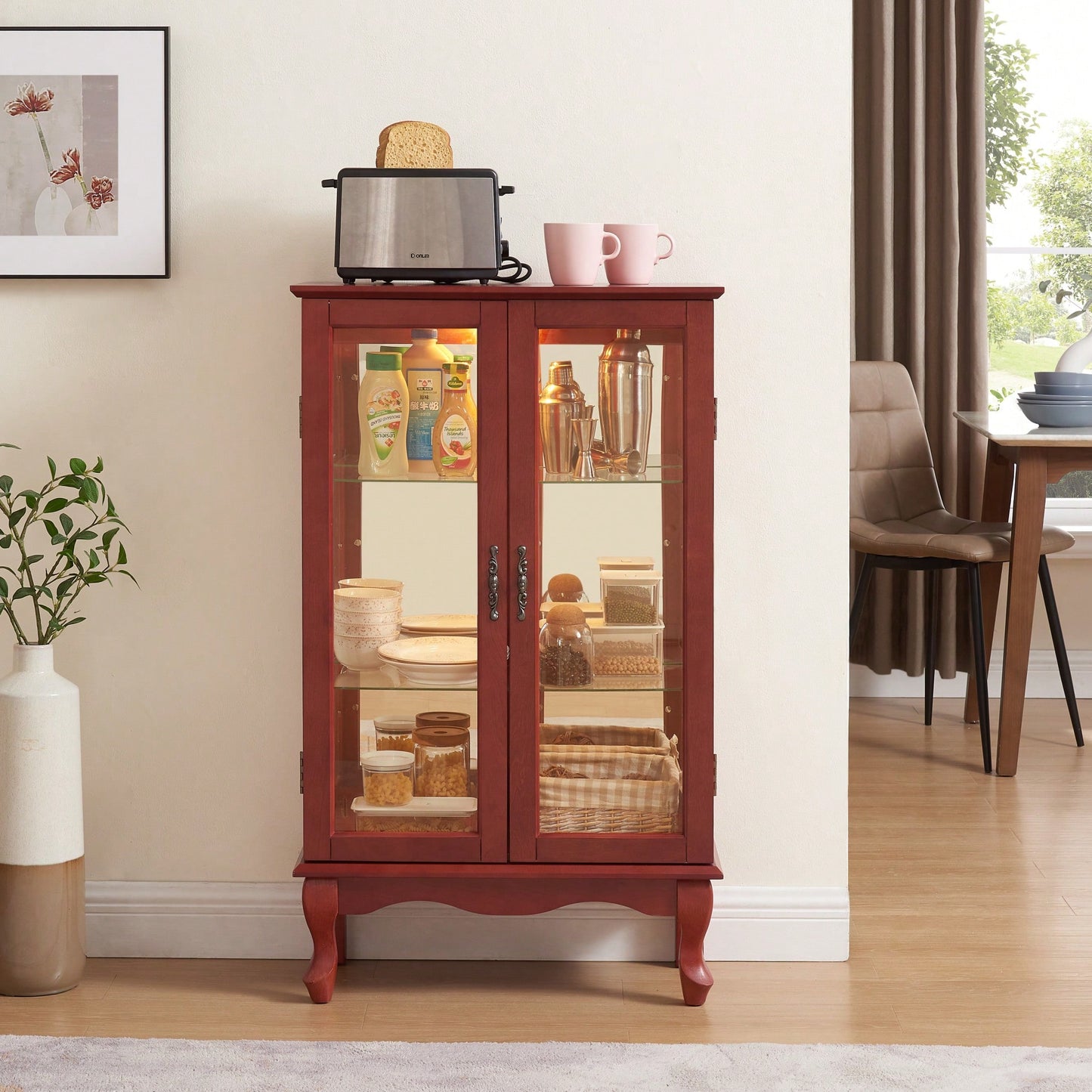 Elegant 2-Door Curio Cabinet With Tempered Glass And Mirrored Back, Adjustable Shelves, Lighted Display For Home Or Office - Cherry Finish