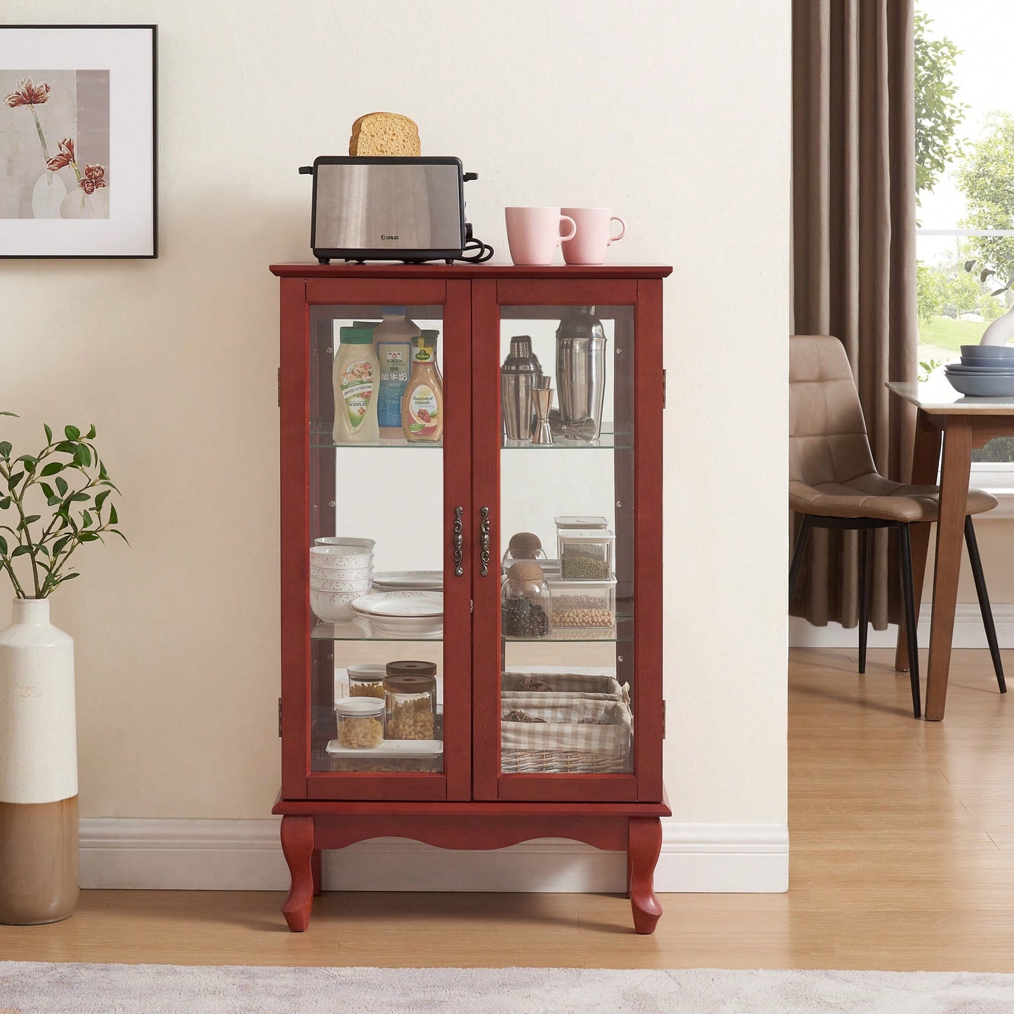 Elegant 2-Door Curio Cabinet With Tempered Glass And Mirrored Back, Adjustable Shelves, Lighted Display For Home Or Office - Cherry Finish