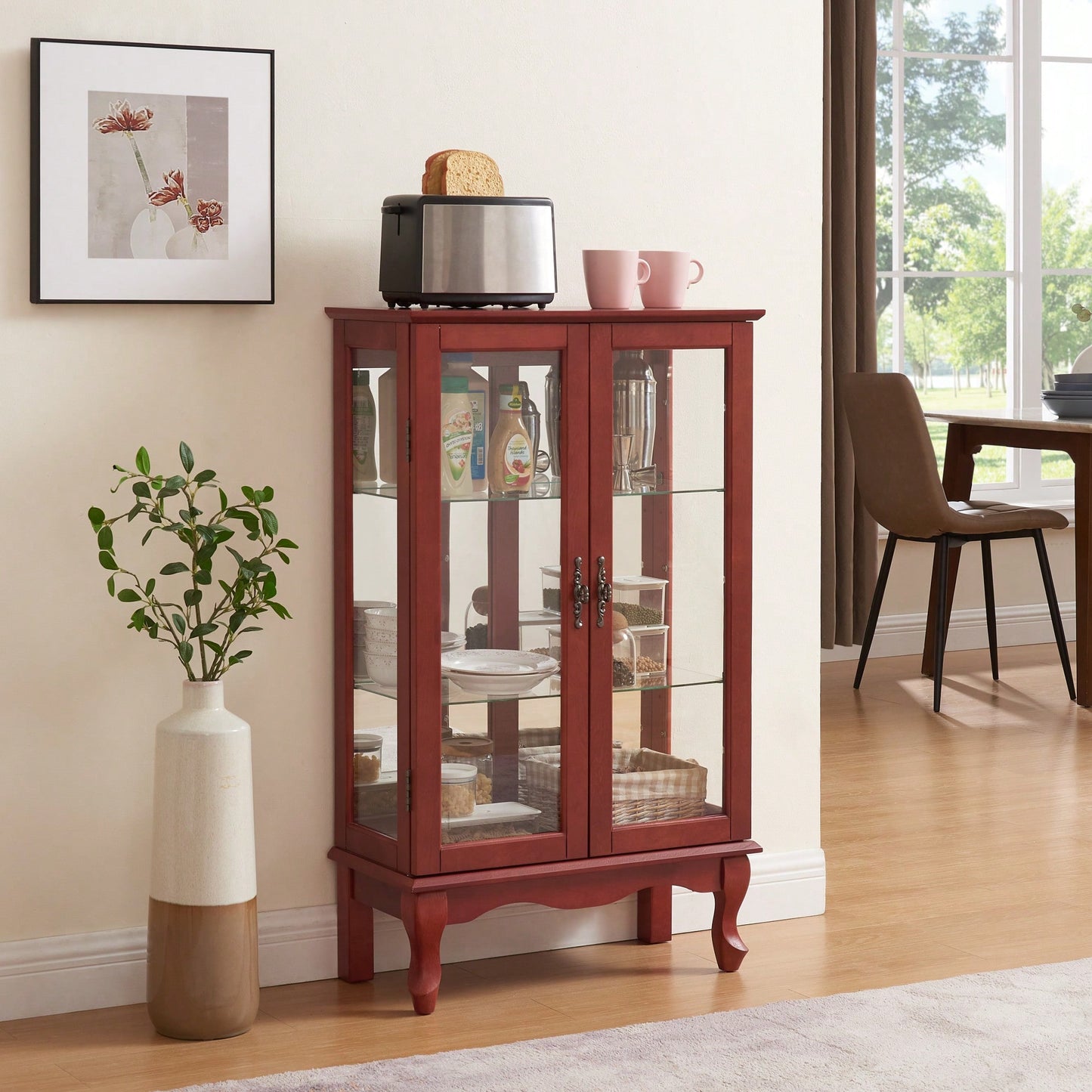 Elegant 2-Door Curio Cabinet With Tempered Glass And Mirrored Back, Adjustable Shelves, Lighted Display For Home Or Office - Cherry Finish