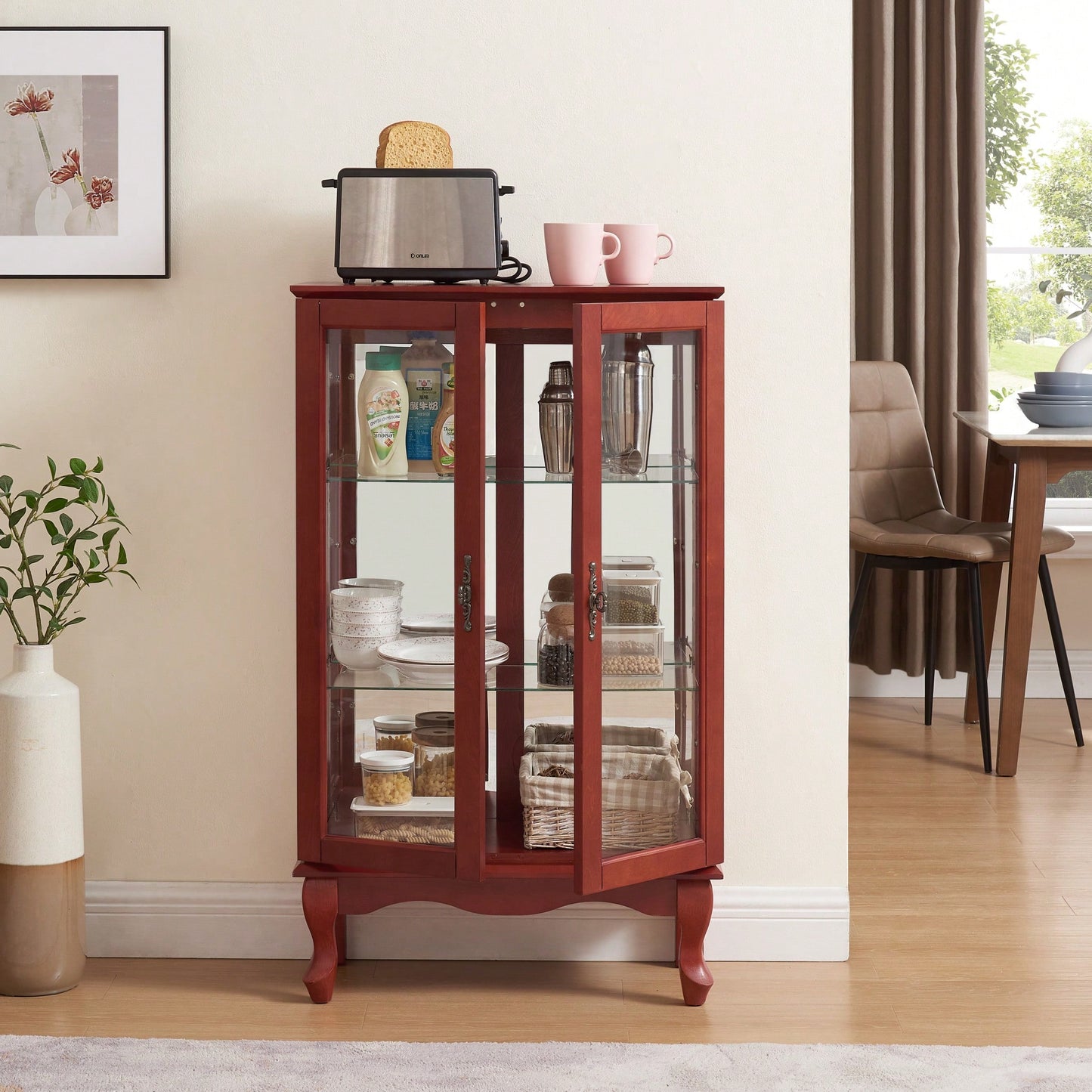Elegant 2-Door Curio Cabinet With Tempered Glass And Mirrored Back, Adjustable Shelves, Lighted Display For Home Or Office - Cherry Finish