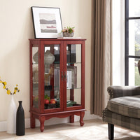 Elegant 2-Door Curio Cabinet With Tempered Glass And Mirrored Back, Adjustable Shelves, Lighted Display For Home Or Office - Cherry Finish