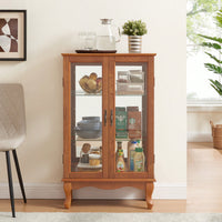 Elegant 2-Door Curio Cabinet With Tempered Glass And Mirrored Back, Adjustable Shelves, Lighted Display For Home Or Office - Cherry Finish