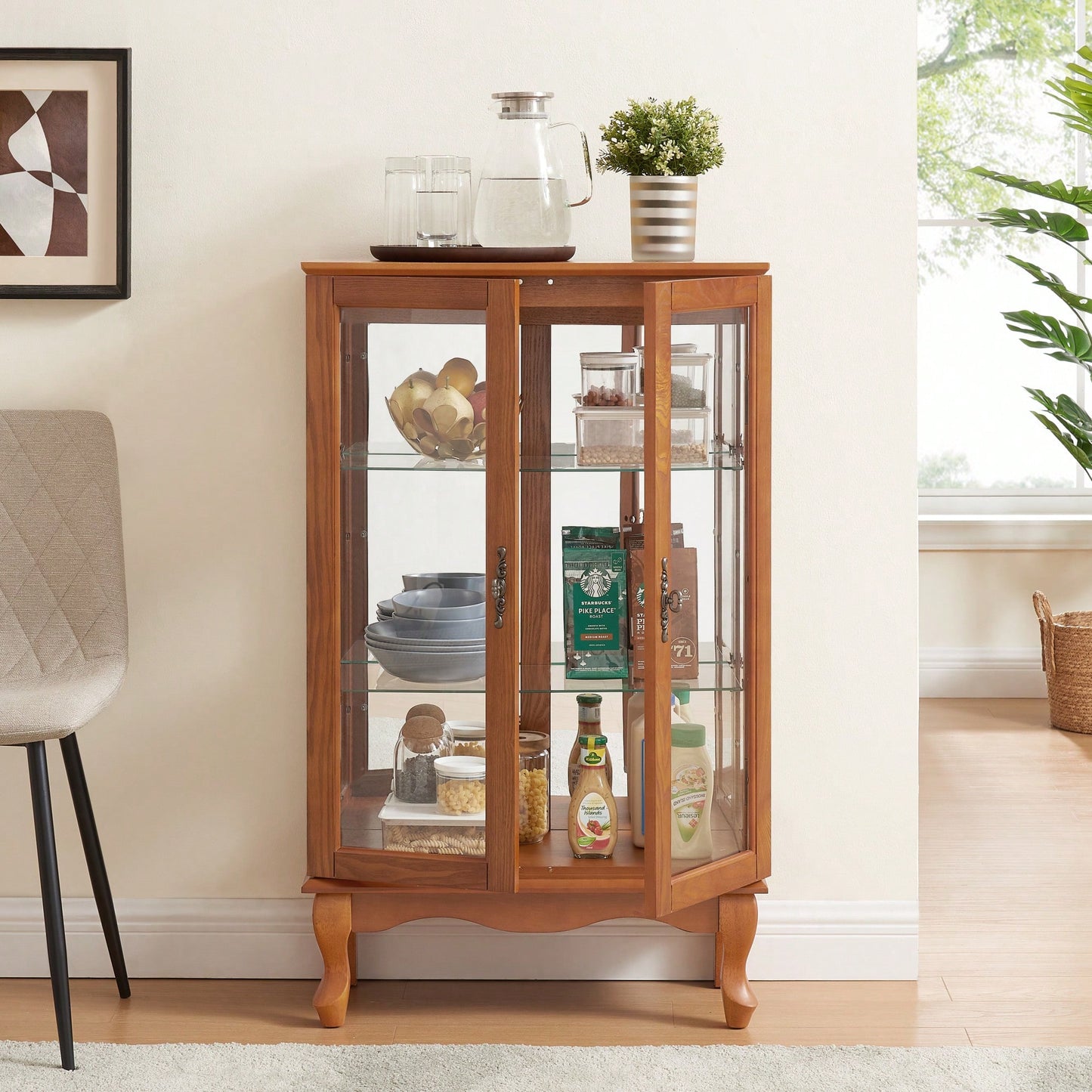 Elegant 2-Door Curio Cabinet With Tempered Glass And Mirrored Back, Adjustable Shelves, Lighted Display For Home Or Office - Cherry Finish