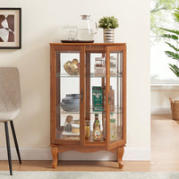 Elegant 2-Door Curio Cabinet With Tempered Glass And Mirrored Back, Adjustable Shelves, Lighted Display For Home Or Office - Cherry Finish