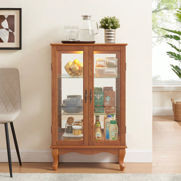 Elegant 2-Door Curio Cabinet With Tempered Glass And Mirrored Back, Adjustable Shelves, Lighted Display For Home Or Office - Cherry Finish