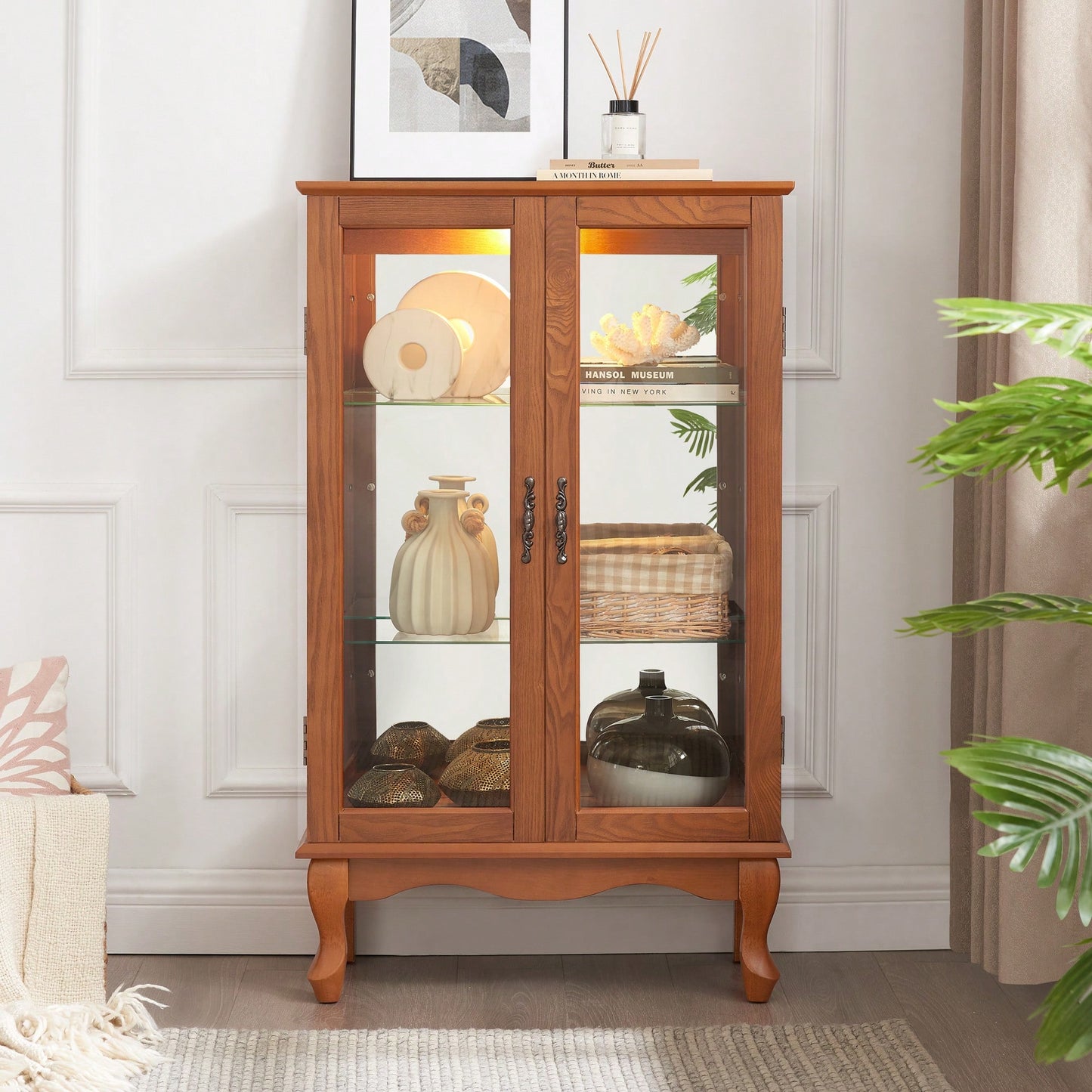 Elegant 2-Door Curio Cabinet With Tempered Glass And Mirrored Back, Adjustable Shelves, Lighted Display For Home Or Office - Cherry Finish