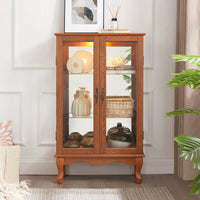 Elegant 2-Door Curio Cabinet With Tempered Glass And Mirrored Back, Adjustable Shelves, Lighted Display For Home Or Office - Cherry Finish