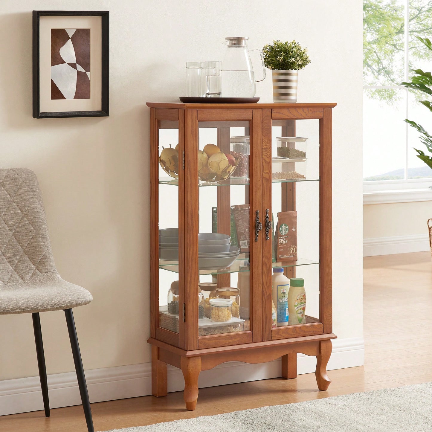 Elegant 2-Door Curio Cabinet With Tempered Glass And Mirrored Back, Adjustable Shelves, Lighted Display For Home Or Office - Cherry Finish