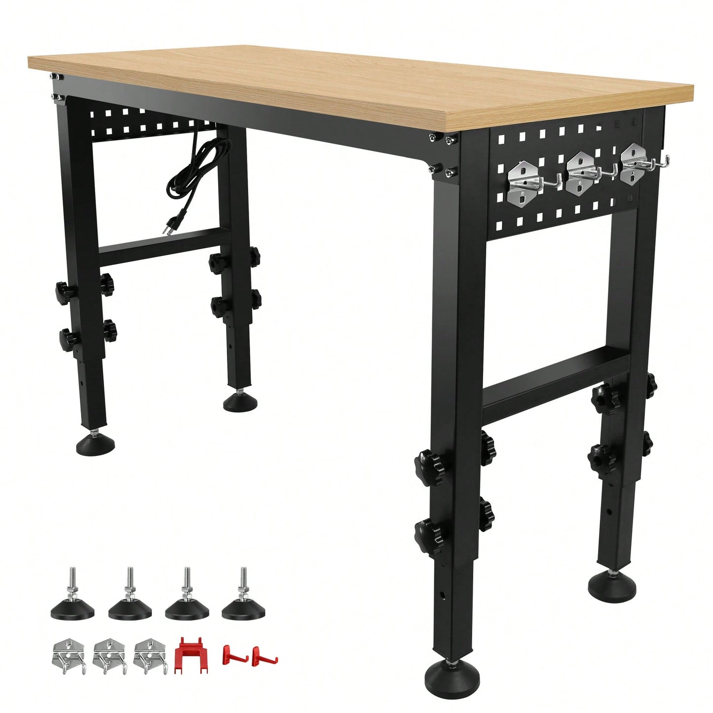 Versatile Adjustable Workbench With Power Outlet - Heavy-Duty Hardwood Design For Workshop, Office, Garage, And Home Use