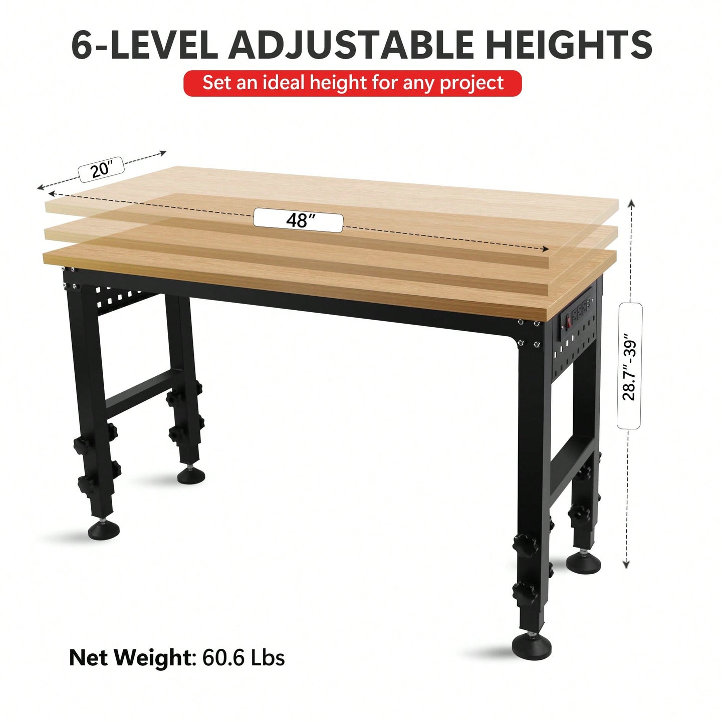 Versatile Adjustable Workbench With Power Outlet - Heavy-Duty Hardwood Design For Workshop, Office, Garage, And Home Use