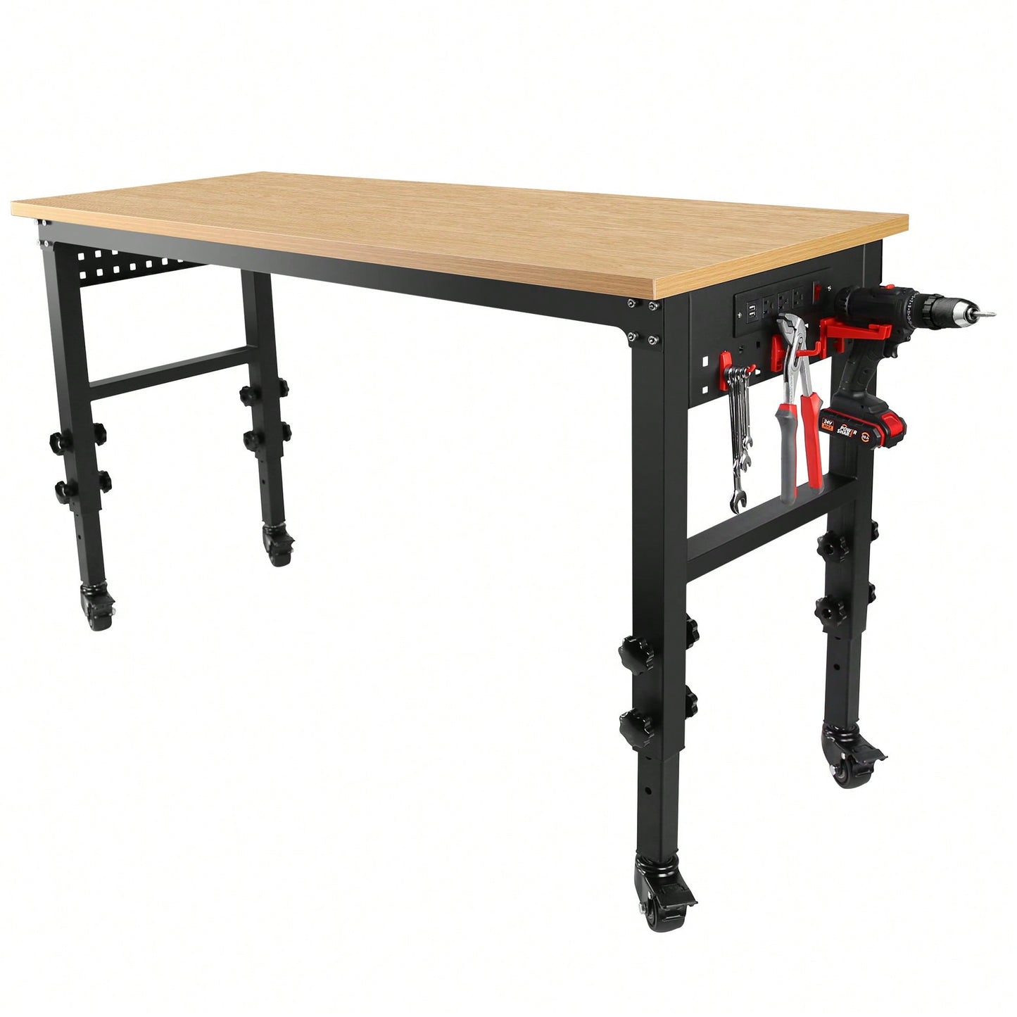Heavy-Duty 60x24 Adjustable Rolling Workbench with Power Outlet and Wheels for Garage Office Workshop Home
