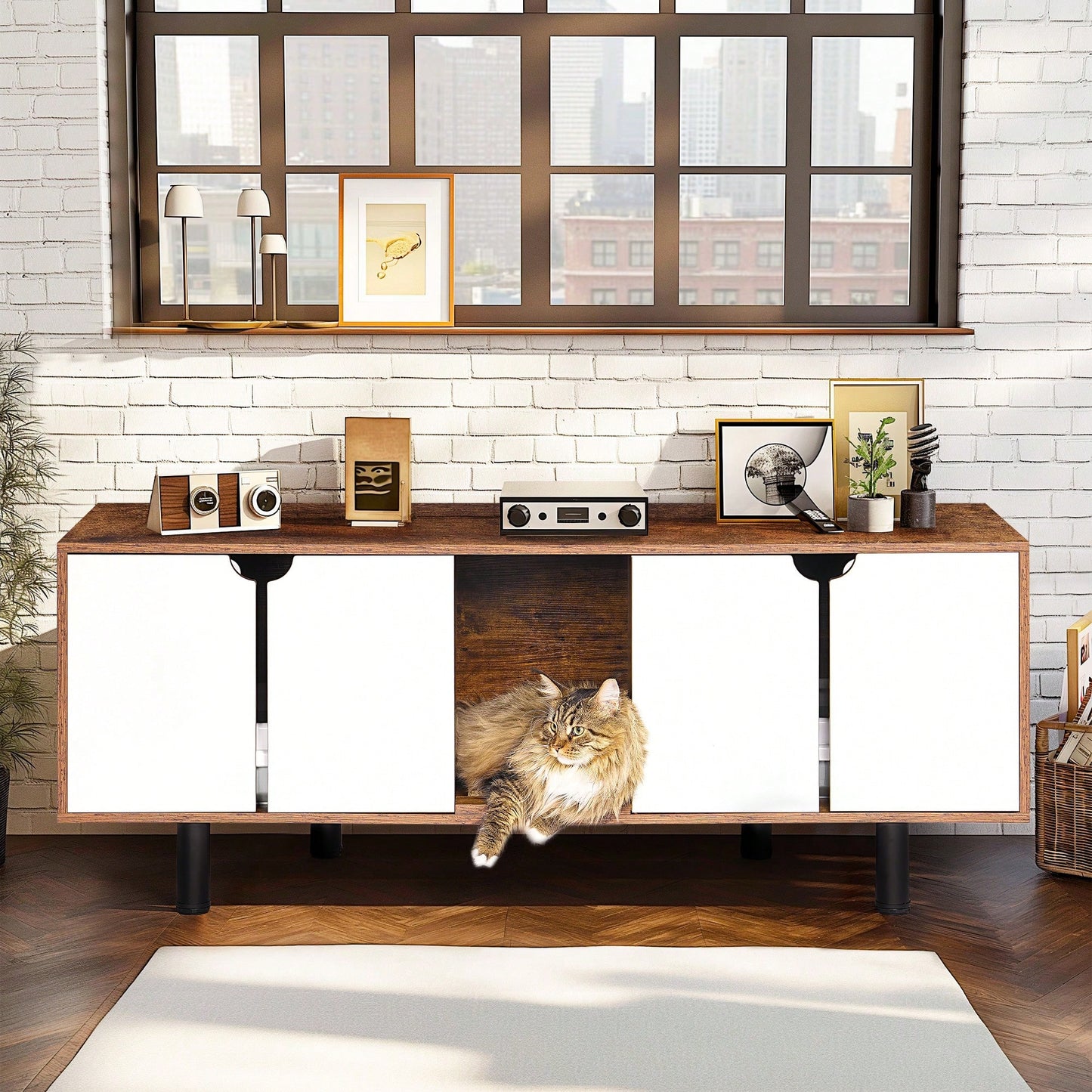 Spacious Dual Cat Litter Box Enclosure Furniture - Elegant Indoor Washroom Cabinet & End Table Combination In White & Vintage Finish