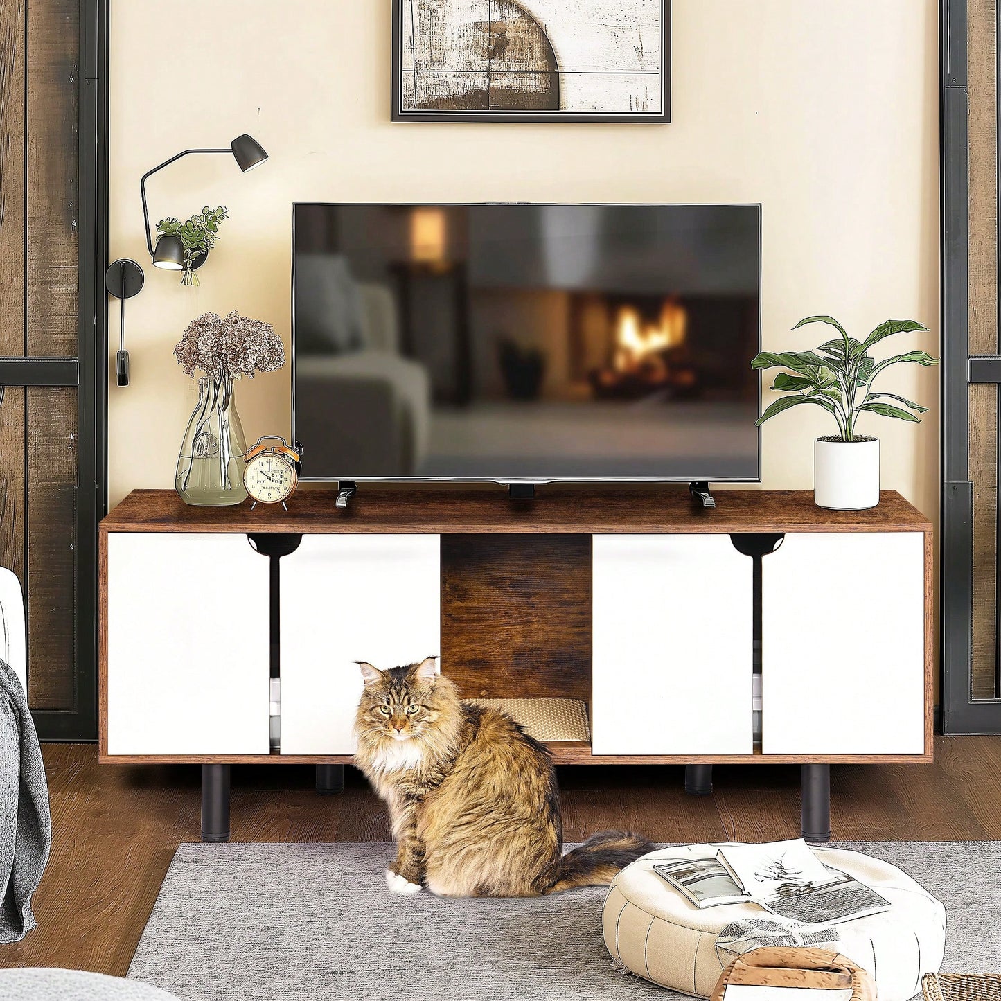 Spacious Dual Cat Litter Box Enclosure Furniture - Elegant Indoor Washroom Cabinet & End Table Combination In White & Vintage Finish