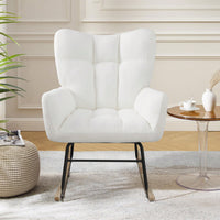 Cozy Upholstered Rocking Chair With High Backrest - Modern Accent Chair For Nursery, Living Room, And Bedroom, Elegant White Fabric