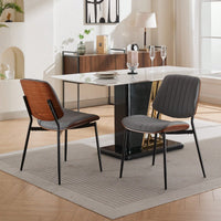Mid Century Modern Dining Chairs Set of 2 Gray Faux Leather Walnut Bentwood Back Metal Legs Adjustable Feet