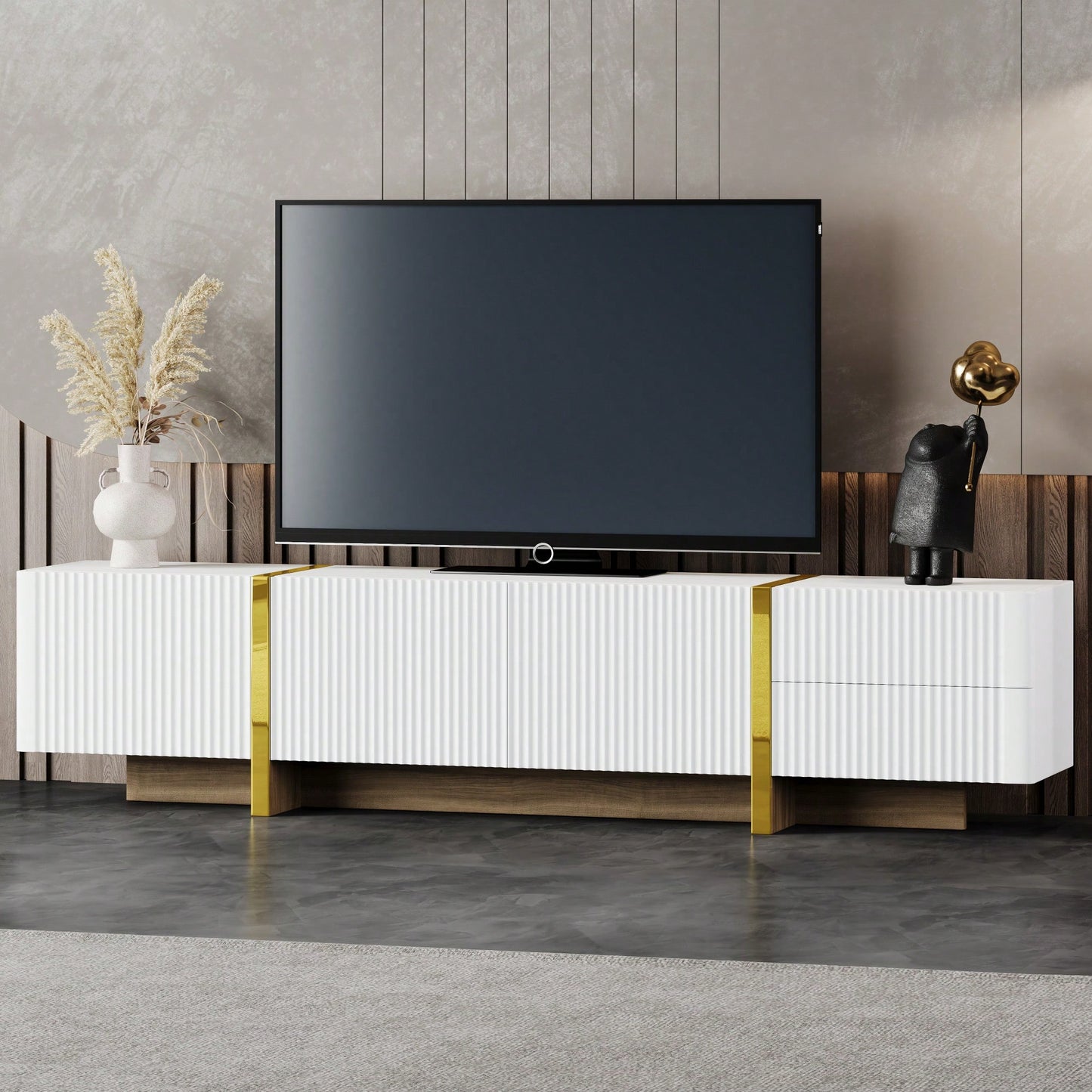 Modern Fluted TV Stand for 80 Inch TVs Elegant White Media Console with Storage Cabinets and Drawers for Living Room Decor